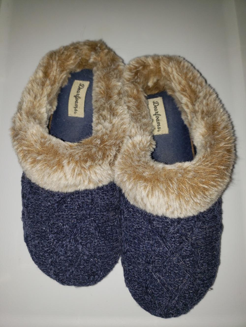 Dearfoams Navy Knit Slipper with Faux Fur Trim